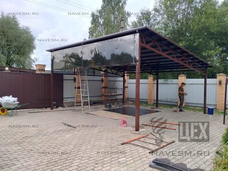 Большой односкатный навес с мягкой кровлей